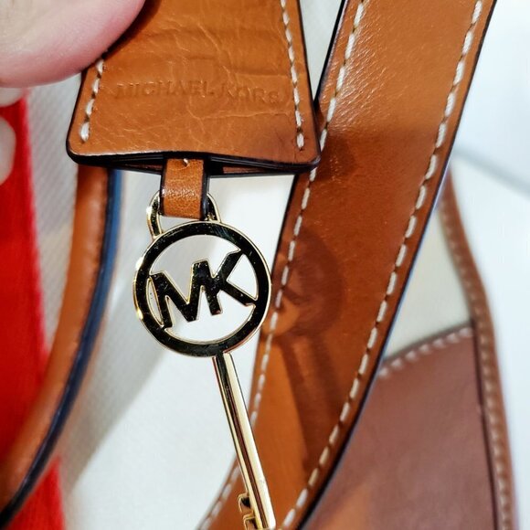 MICHAEL KORS purse Hamilton Red stripe Cream canvas/leather handbag bag 14x12x6 - Picture 9 of 13